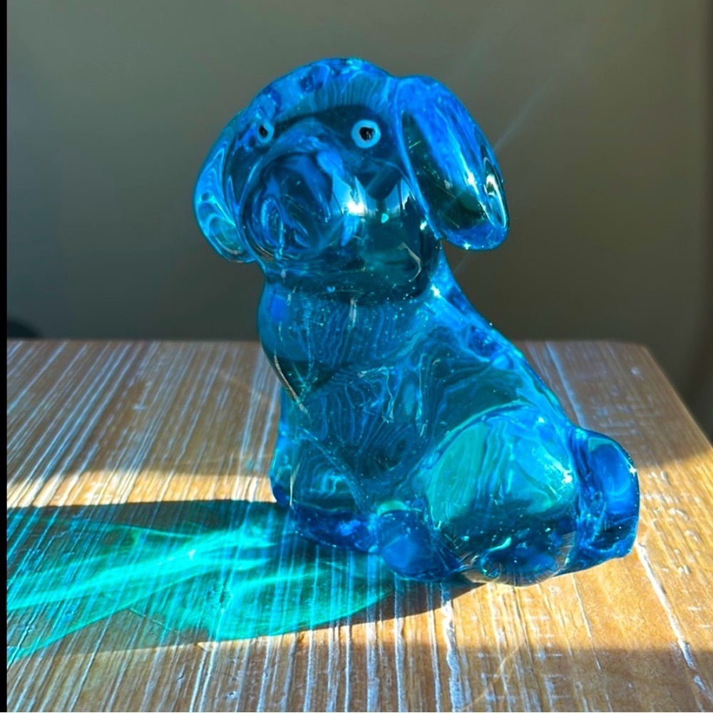 Hand Blown Sky Blue Glass Dog Figurine